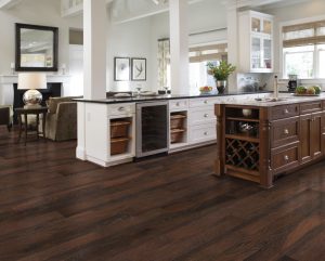 Rich Hickory dark wood flooring in contemporary kitchen