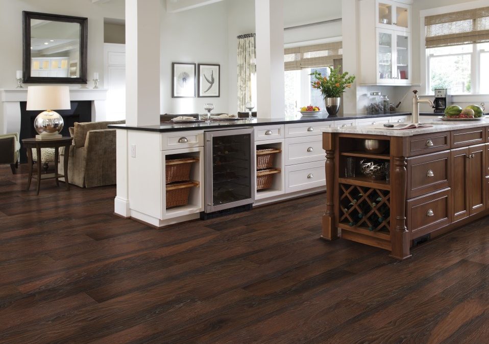 Rich hickory dark wood flooring in contemporary kitchen
