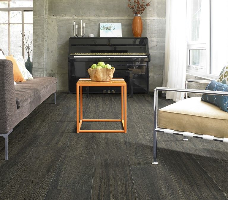 Living room with dark vinyl plank flooring